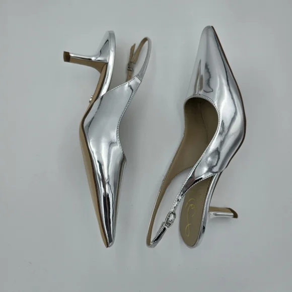 Sam Edelman Silver Pointed Toe Slingback Kitten Heels - Picture 14 of 16